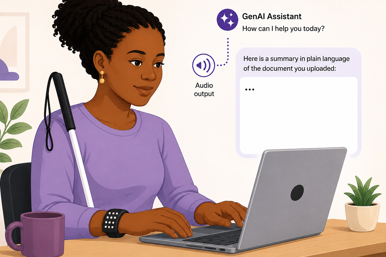 A Black women who is visuall impaired using GenAI on her laptop to provide an audio summarizing a document in plain language.