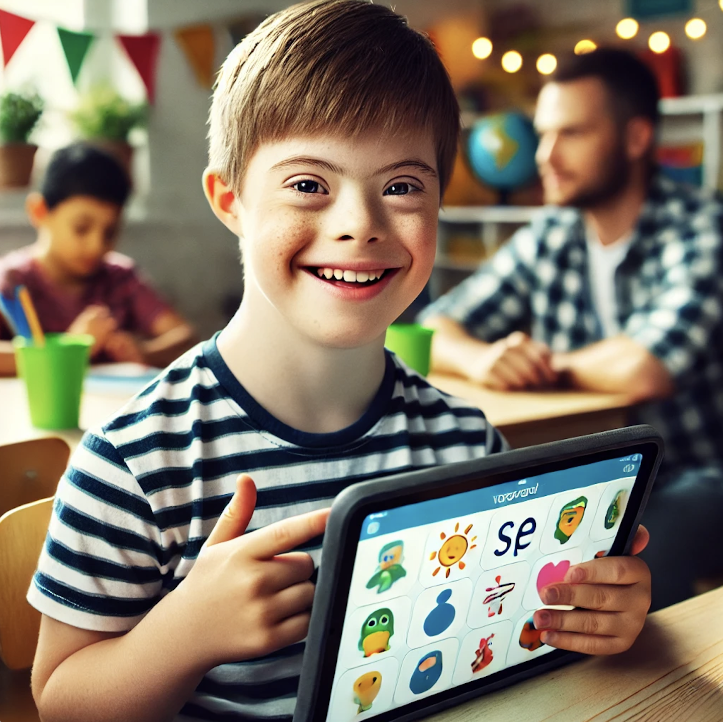 A white young boy smiling while using an incorrectly depicted communication tablet in a classroom setting.